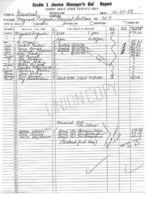 Universal Studio Manager's report from December 21, 1956 showing all musicians for Maynard Fergusons band and what they were paid. Each musician was paid an average of $30 and the report is hand written by the manager.
