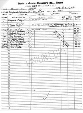 Universal Studio Manager's report from December 18, 1956 showing all musicians for Maynard Ferguson's band and what they were paid. Each musician was paid an average of $45 and the report is hand written by the manager.