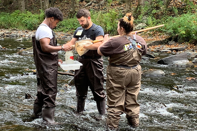 students in stream ecology lab collect aquatic macroinvertebrates