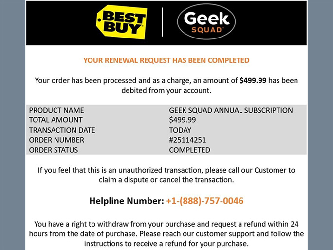 Phishing email disquised as a Best Buy or Geek Squad receipt.