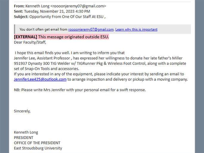 Phishing email requesting personal information following the passing of a profressor's parent