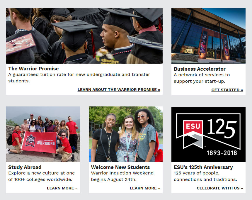 Screenshot of example promotional tiles on the ESU homepage