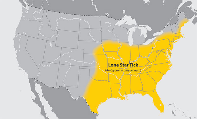 Map showing prevalence on the Lone Star tick in the southern US