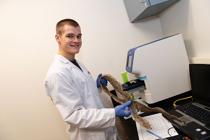 Eric Januszkiewicz holding a rattlesnake shed in the lab