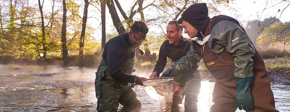 People standing in water with a net