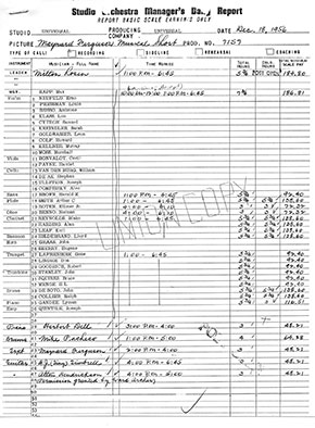 Universal Studio Manager's report from December 18, 1956 showing all additional musicians for the musical short production and what they were paid. Each of the 40 musicians were orchestral players and were paid an average of $150 and the report is hand written by the manager.