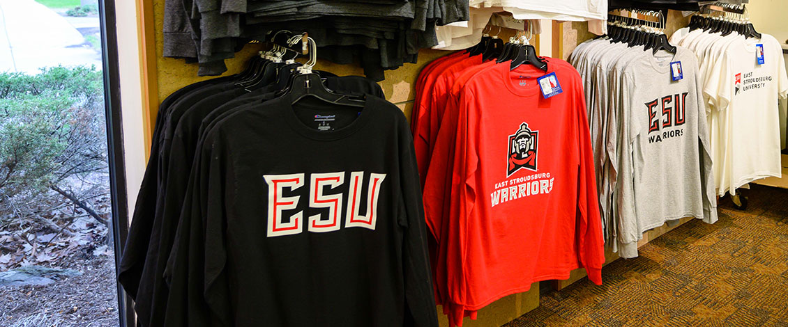 a line of sweatshirts in different colors with different versions of the ESU branding