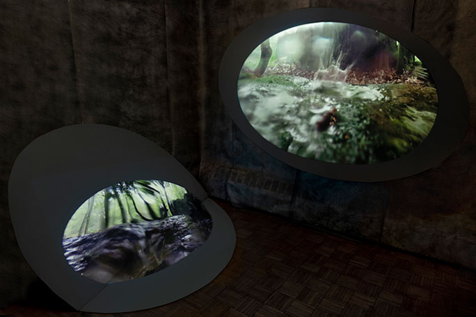 Margaret Cogswell - A view of projected images on the wall and floor of puddles 
