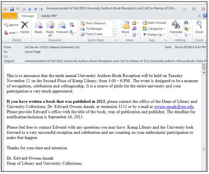 Example email announcement