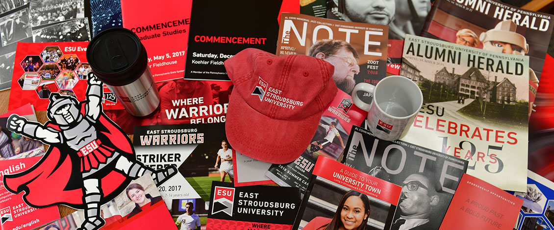 Examples of publications and gift items from Marketing and Communications