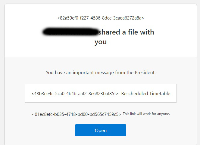 Copy of message sent from spammer asking to open a file on Google Doc